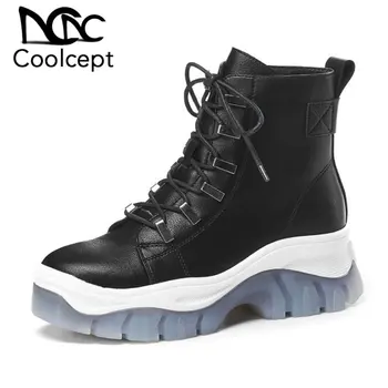 

CoolCept Thick Sole Real Leather Women Ankle Boots Zipper Round Toe Leisure Shoes Autumn Winter Daily Women Footwear Size 34-39