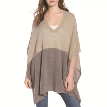 

Casual Women Color Block V Neck Asymmetric Loose Poncho Sweater Shawl Pullover
