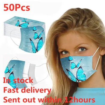 

50Pcs Butterfly Print Disposable Mask Non-woven 3-layer Face Cover Anti Dust Mascararilla Adult Masks Earband Mondkapjes Masque