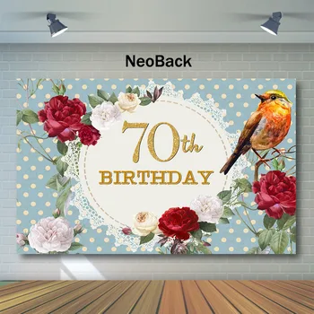 

NeoBack 70th Birthday Backdrop Red White Flowers Bird Photography Backdrops Light Blue Seventy Birthday Background Photography