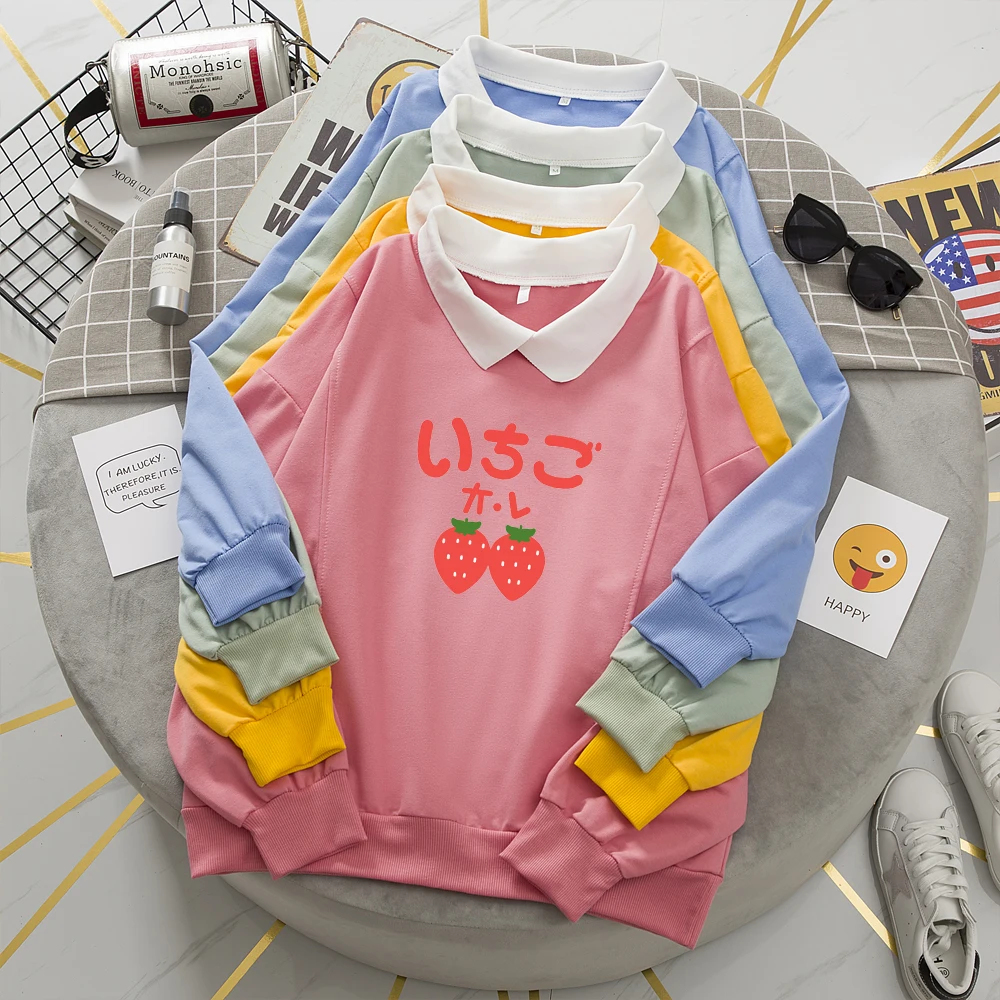 

Japanese Letter Kawaii Hoodie Oversized Pullover Sweatshirt Warm Turn-down Collar Hoodies for Women Clothes Female Aesthetic Top