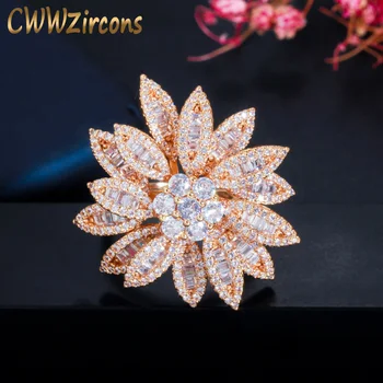 

CWWZircons 3D Geometric Stacks Cubic Zircon Flower Statement Big Yellow Gold Women Finger Rings for Wedding Party Jewelry R145