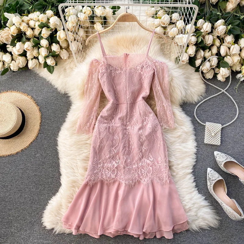 collar off shoulder design perspective lace middle sleeve slim fit bag hip Chiffon Ruffle Dress women's spring dress