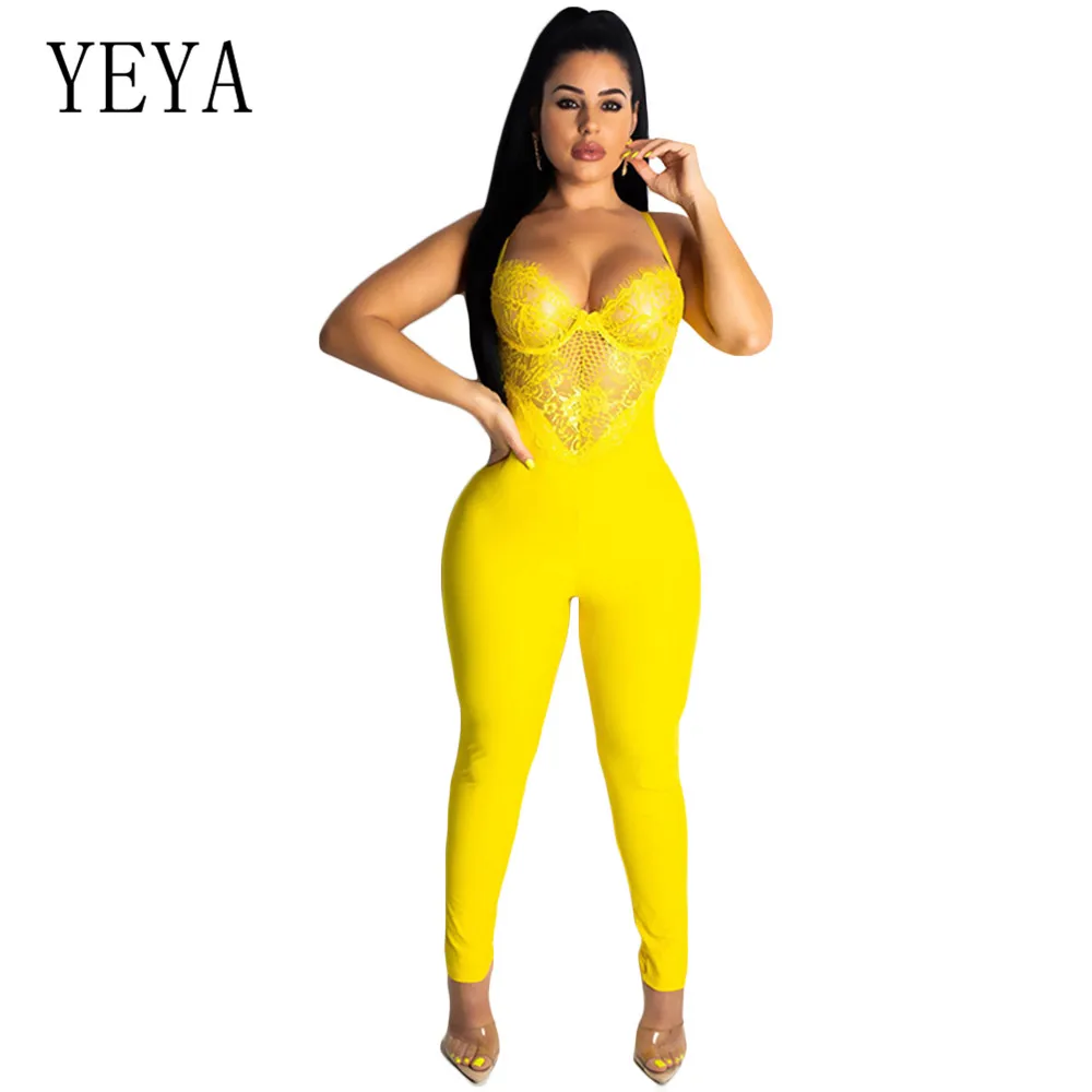 

YEYA Lace Patchwork Elegant Women Jumpsuit Spaghetti Strap Backless Romper Summer Deep V Neck Sleeveless Party Bodysuit Overalls