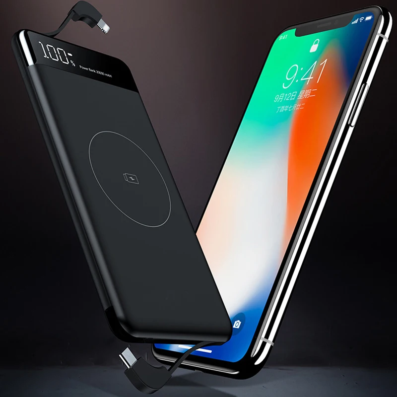 Qi Беспроводное зарядное устройство, внешний аккумулятор 10000 мАч для Xiaomi Mi 9 iPhone, тонкий внешний аккумулятор, быстрая Беспроводная зарядка, внешний аккумулятор