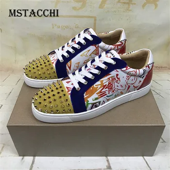 

MStacchi 2020 Genuine Leather Fashion Men's Casual Shoes Rivet Solid Color Print Round Toe Cross-tied Non-Slip Men Walking Shoes