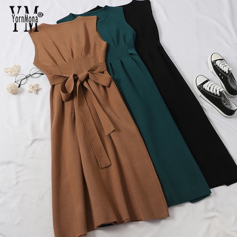 

YornMona Good Quality Comfy Women Dress 2019 Autumn Winter Basic Sleeveless Knitted Tank Dress Elegant Bow Sashes Bandage Sweater Dress Midi Ladies Dresses Vestidos