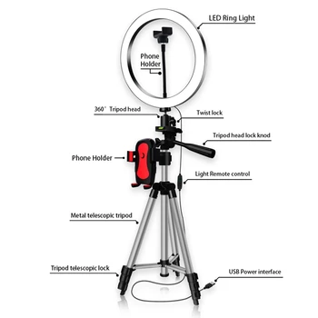 

Tripod Phone Holder Clip Led Ring Light Camera Photography Annular Lamp Studio Ringlight For Youtube Makeup Phone Selfie