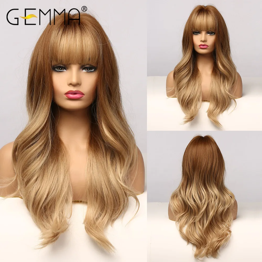 

GEMMA Long Wavy Cosplay Party Ombre Brown Wigs with Bangs Heat Resistant Synthetic Female Wigs For Black Women Natural Fake Hair