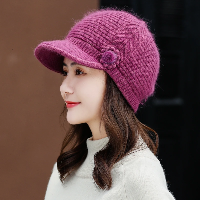 

Women Rabbit Fur Knitted Hats Casual Solid Color Autumn Winter Hat Female Bonnet Caps Boina Feminino