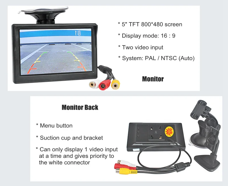 DIYKIT 800 x 480 5 TFT LCD Display HD Car Monitor Rear View Monitor with Suction Cup and Free Bracket For MPV SUV Horse Lorry