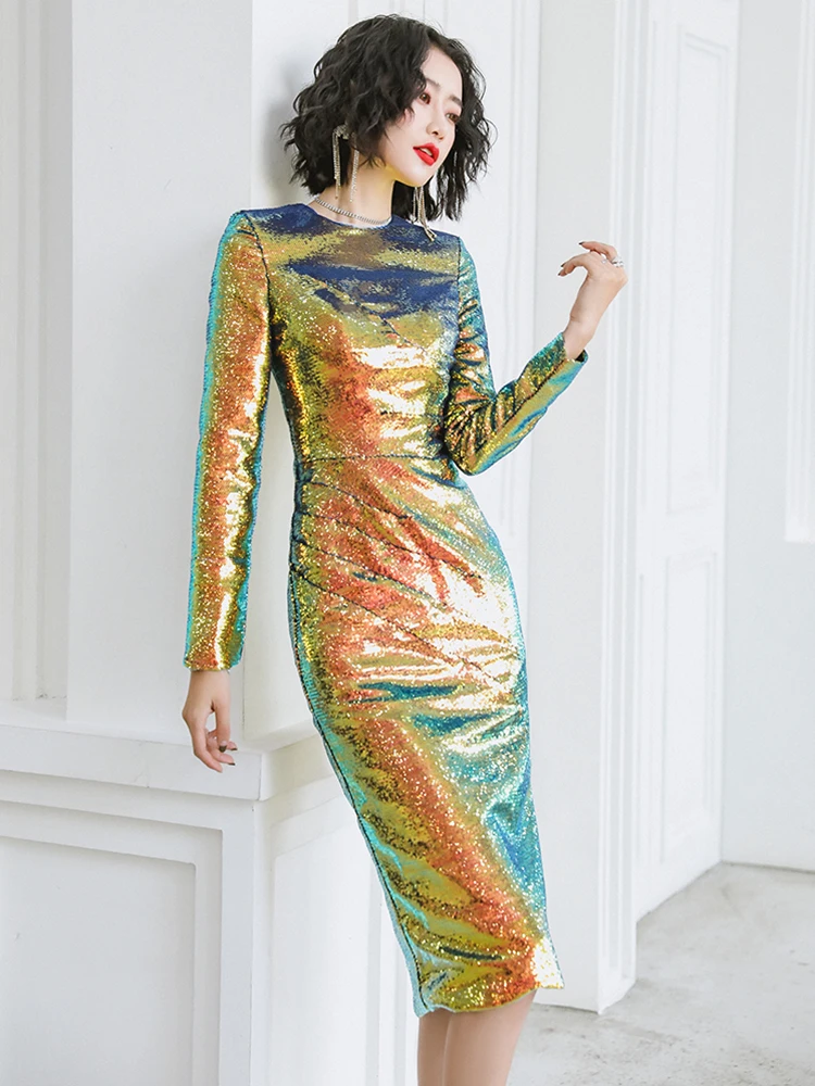 Full Sequins Bling Bling Luxury Golden Color Long