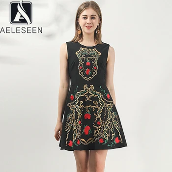 

AELESEEN Vintage Black Dress 2020 Summer Women's Sleeveless Luxury Red Flower Embroidery Runway Fashion Party A-Line Mini Dress