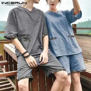 

INCERUN Vintage Men Pajamas Sets Casual Print Patchwork Homewear Short Sleeve Tops Comfy Shorts 2 Pieces Sets Unisex Suits