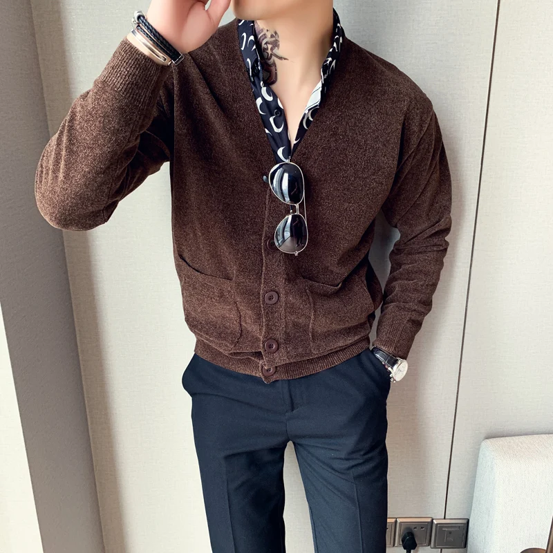 Мода, мужской кардиган, высокое качество, v-образный вырез, повседневные мужские свитера, передний карман, длинный рукав, вязаное пальто, мужские свитера из шенили 3XL