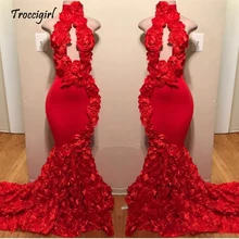 Красные Выпускные платья с высокой горловиной, сексуальные вечерние платья ручной работы с цветами, вечерние платья русалки, подсчет поезда, черные вечерние платья для девочек в африканском стиле с открытой спиной Pa