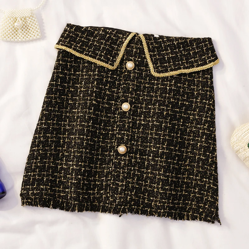 black skirts Осенняя черная твидовая юбка Jupe Femme с одной пуговицей и кисточками, с высокой талией, элегантная мини-юбка-карандаш, Женская Корейская клетчатая юбка Faldas - Цвет: black skirts