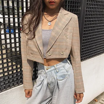 

Plaid elegant office ladies women blazer notched collar pocket loose oversize vintage classic coat fashion streetwear 2019