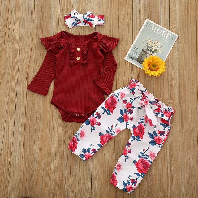 Newborn Baby Girls Outfit Set French Rib Cotton Long-sleeved Romper Trousers Floral Pants Headwear Baby Suit Infant Clothing 2
