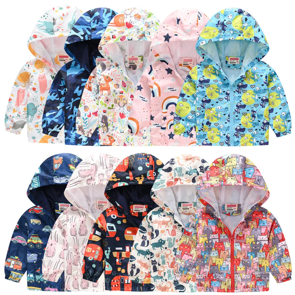 

fashion Toddler Kids Baby Grils Boys Autumn Print Jacket Zipper Hooded Windproof Coat Super multi-pattern printing options Y4