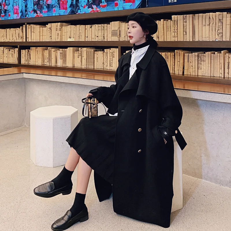 

Photo Shoot over-the-Knee Long Black Double Breasted Lace-up Woolen Coat 2019 Winter New Style Korean-style Loose-Fit Duffle Coa