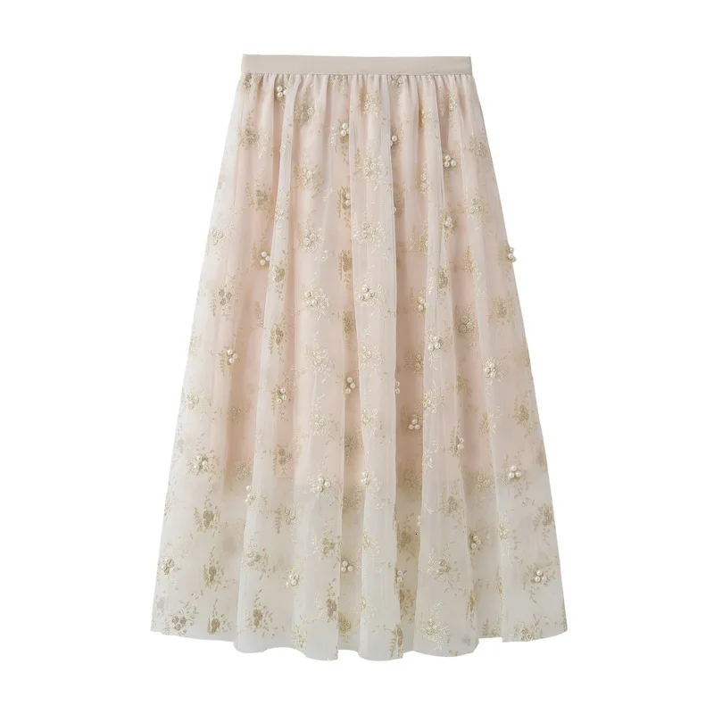 Heavy Gold Wire Embroidery Nail Pearl Gauze India Long tulle tutu Skirt harajuku boho kawaii ropa mujer skirts womens