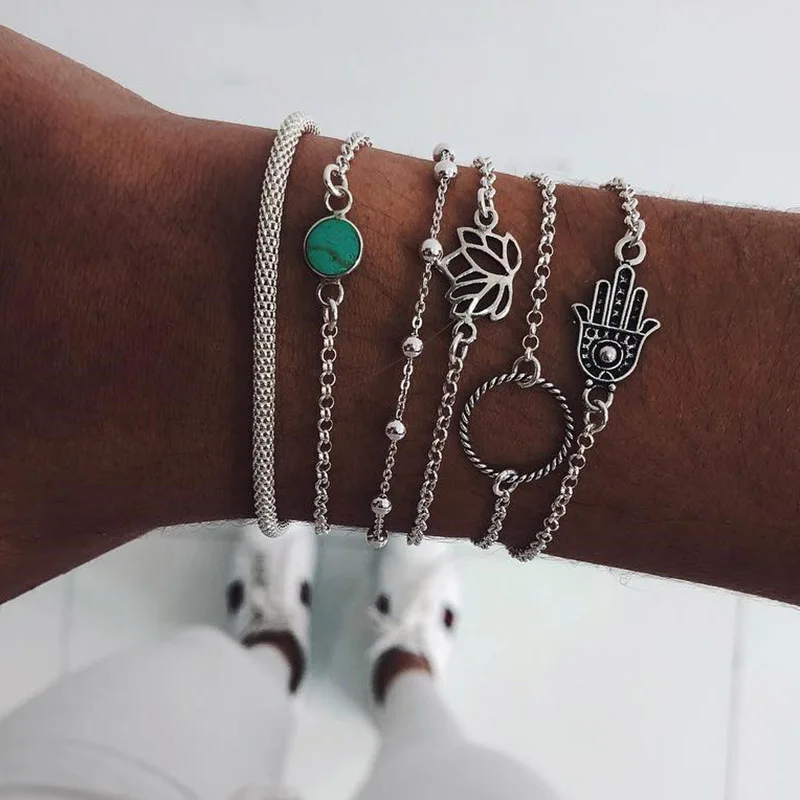 

6 Pcs/Set New Bracelets Sets Hollow Fatima Hand Lotus Circle Ball Beads Link Chain Round Blue Stone Bead Cuff Bracelet Jewelry