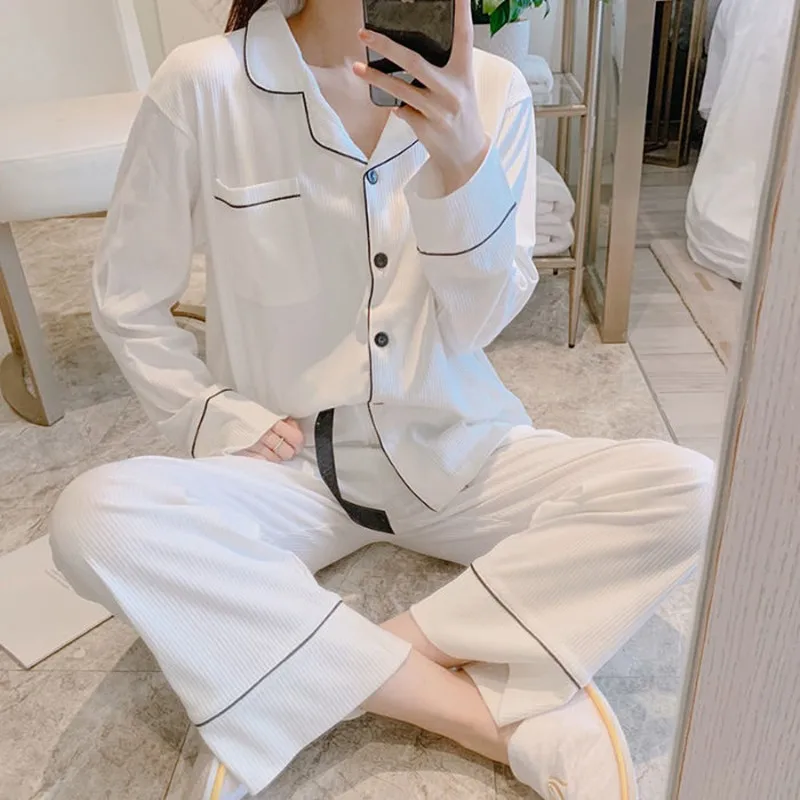

Spring Women Pajama Sets cotton Long-sleeved Pajamas Trousers Turn-down Sleepwear Home Clothing Nightwear Top+Pants Pijama