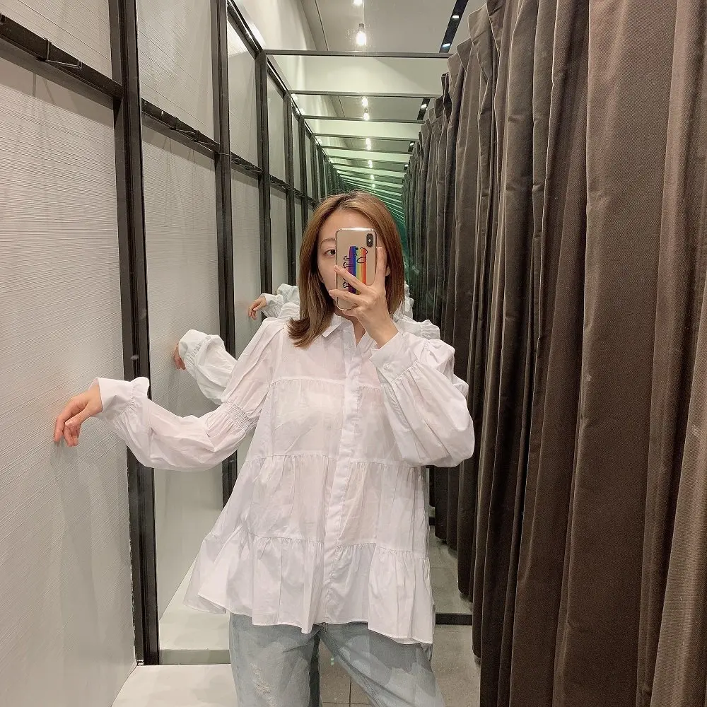 

2019 Autumn New Style Non-mainstream Literature And Art-Style Pleated Fold-down Collar Solid Color Shirt Sweet Puff Sleeve GIRL'