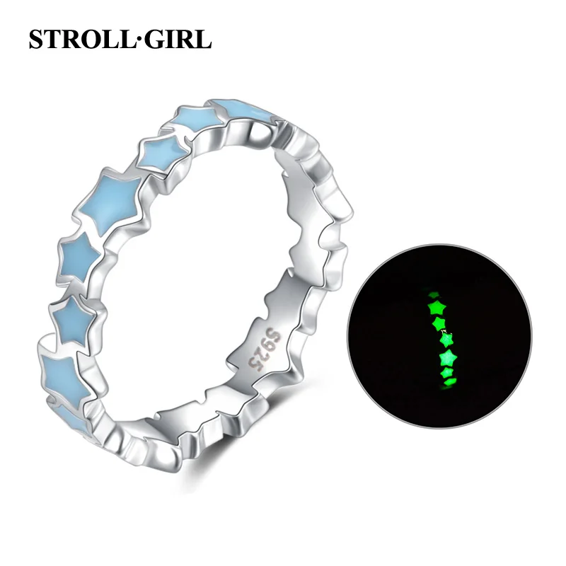 StrollGirl Обручение кольца 925 пробы серебра голубого цвета со звездами светящаясь