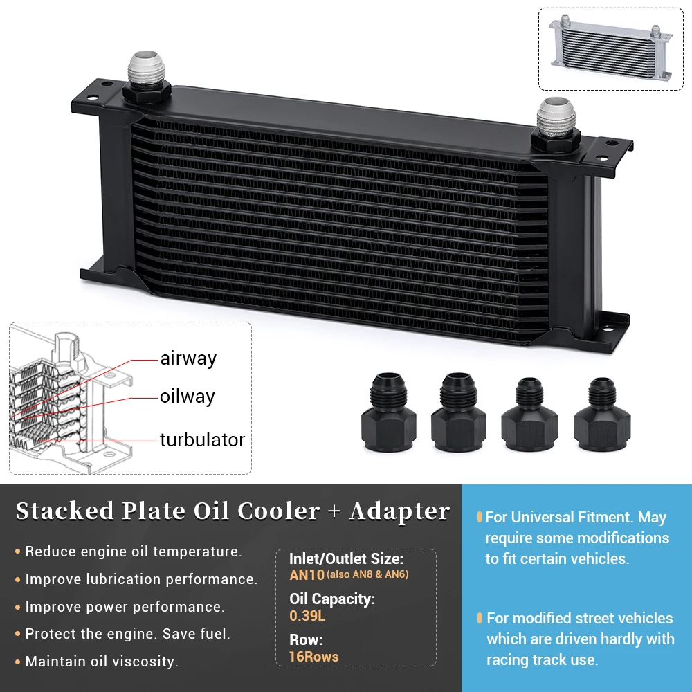 LZONE-16 Row AN10 Stacked Plate Oil Cooler 10AN to 6AN 8AN Adapter Universal Engine Transmission Aluminum Sliver/Black JR7016 oil cooler kit