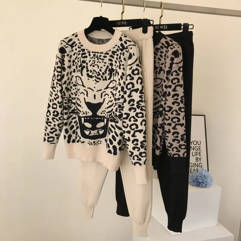 

Knitted Sets Two Piece Sets Woman New Spring Autumn Ins Temperament Wild Leopard Pattern Sweater + Pockets Pants Casual Set