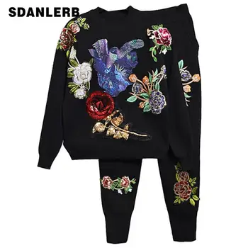 

Autumn Winter 2 Piece Set Women Embroidery Sequin Knitted Set Sweater + Pants Set Women Two Piece Set Fashion Tracksuit