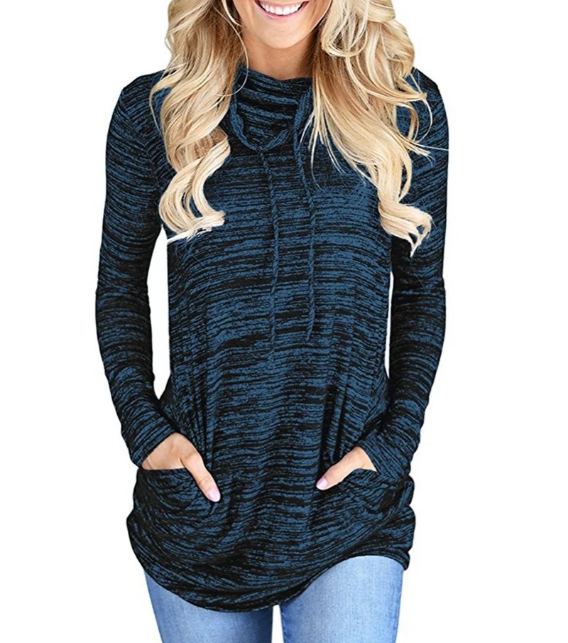 

New Autumn Women Causal Solid Gray Loose stripe Long Sleeve kitted Turtleneck T-Shirts spring Lady Girls Basic Tee T Shirts Tops