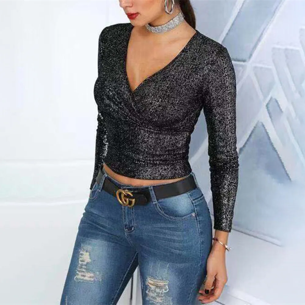 

2019 New Women T-Shirt Solid Fashion V-neck long-sleeved Club Sexy Autumn Spring Female Slim Casual Tee