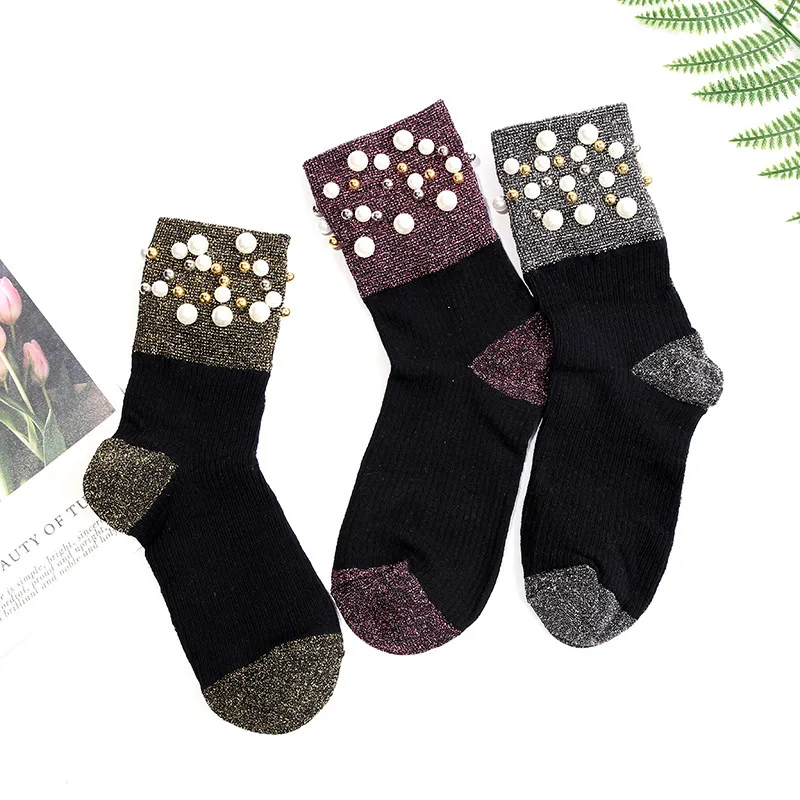 Meias calzini sorap skarpetki, женские носки, с жемчугом, чёсаный хлопок, дышащие, цветные, рождественские носки для женщин, calcetines mujer