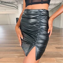 RLMABABY Autumn Winter Black PU Leather Pleated Skirts Slim Ruched Split High Waist Skirts Casual Streetwear Sexy Women Skirts