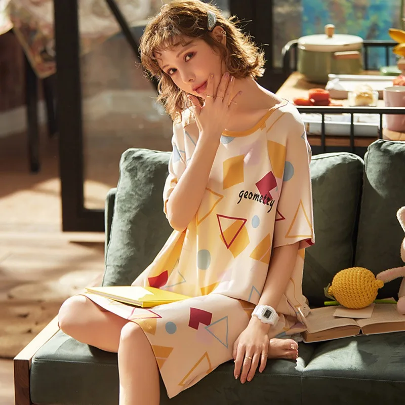

2020 New Summer Nightgowns Women Cotton Short-sleeved Simple Home Service Fashion Print Loose Knee-Length Dresses