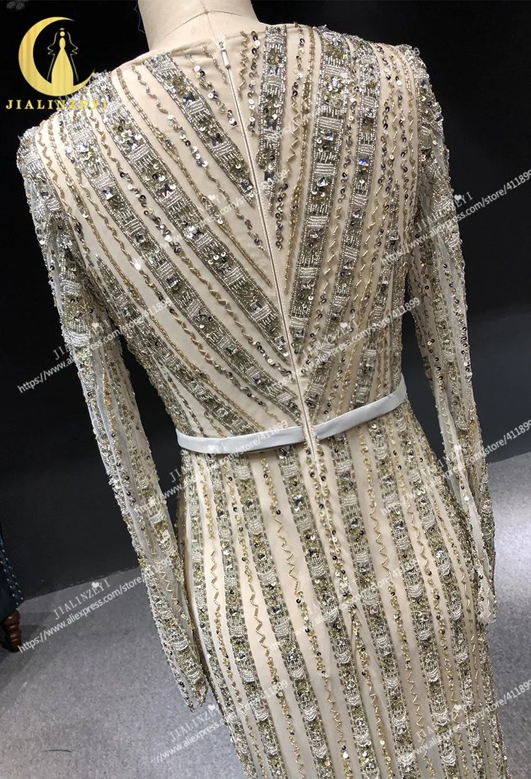 Рейн реальные фотографии мода Elie Saab одежда с длинным рукавом Полный бусины Кристалл V образным вырезом Русалка платье вечерние платья