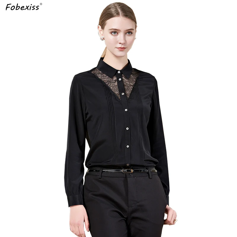 

100% Natural Silk Crepe Blouses Women High Quality 2020 Long Sleeve Plus Size Buttoned Silk Shirts Lady Elegant Black Lace Tops