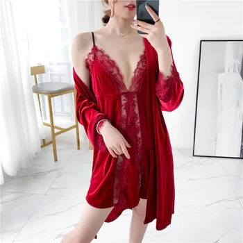 

Lady Kimono Bath Gown 2PCS Robe Set Autumn Sexy Women Velour Sleepwear Nightgown Lounge Bathrobe&Nightie Home Clothing With Lace