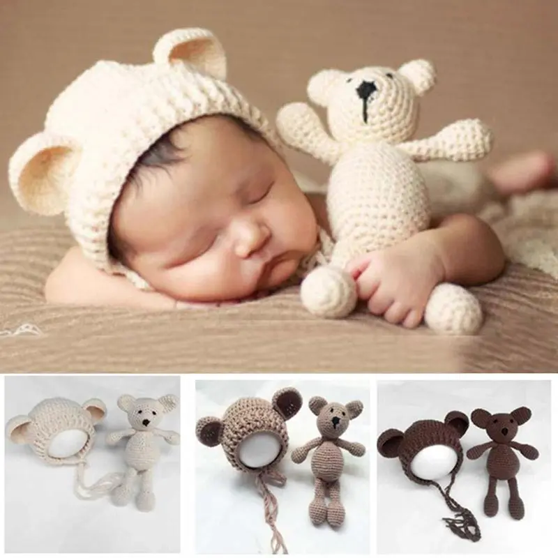 Accesorios de fotografía de bebé recién nacido, sombrero de oso pequeño y foto de muñeca, ropa de ganchillo, accesorios para niño y niña