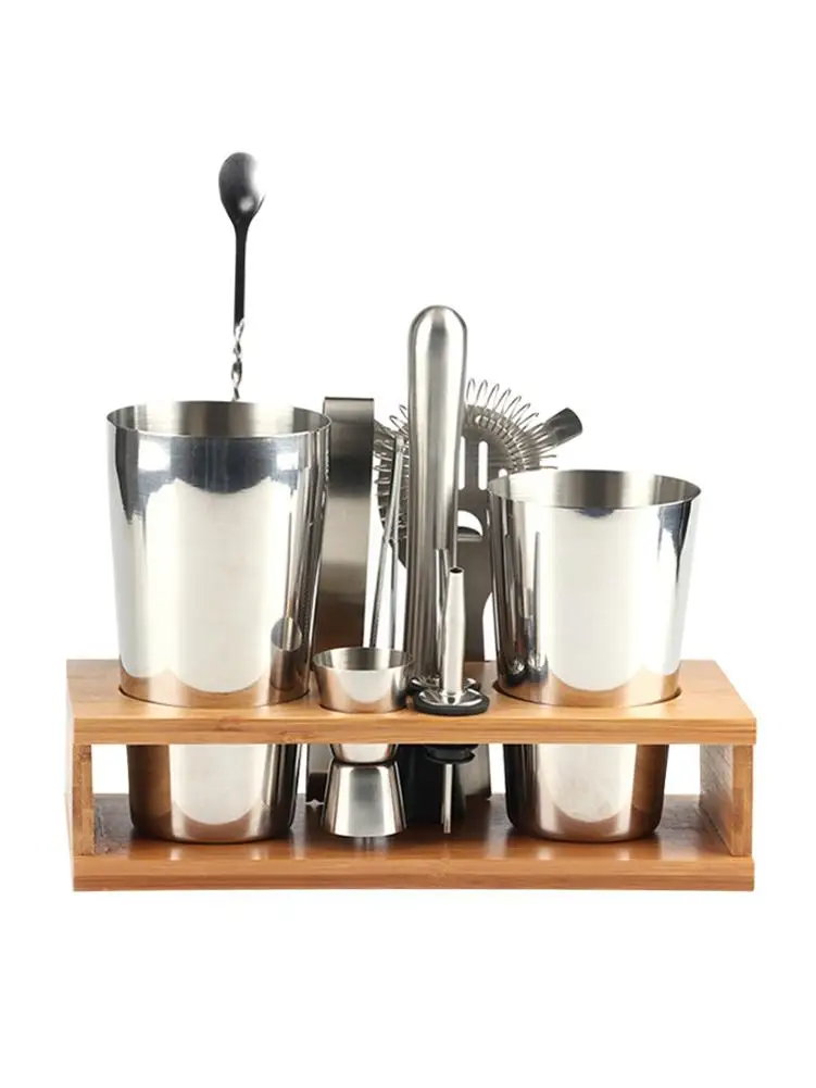 

12Pcs Cocktail Shaker Set Hand Shaker Drink Fancy Jug Wine Mixer Party Bar Set Kitchen Bar Brewing Kit Shaker Wooden Stand Set