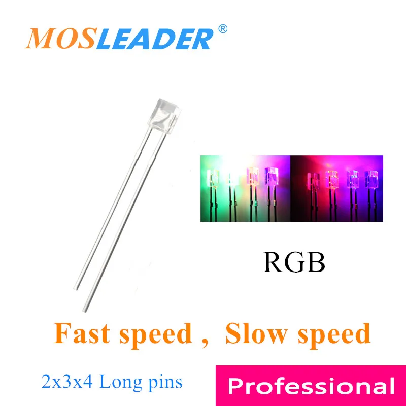 

Mosleader 1000pcs 2*3*4 234 LED RGB Flash Long pins Fast speed Slow speed 2x3x4 2 Pins Square led Red Green Blue Transparent
