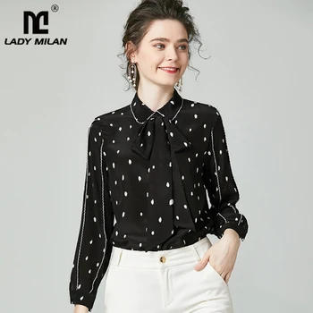 

100% Pure Silk Women's Runway Shirts Turn Down Collar Dots Printed Bow Piping Long Sleeves Elegant Fashion Casual Shirts