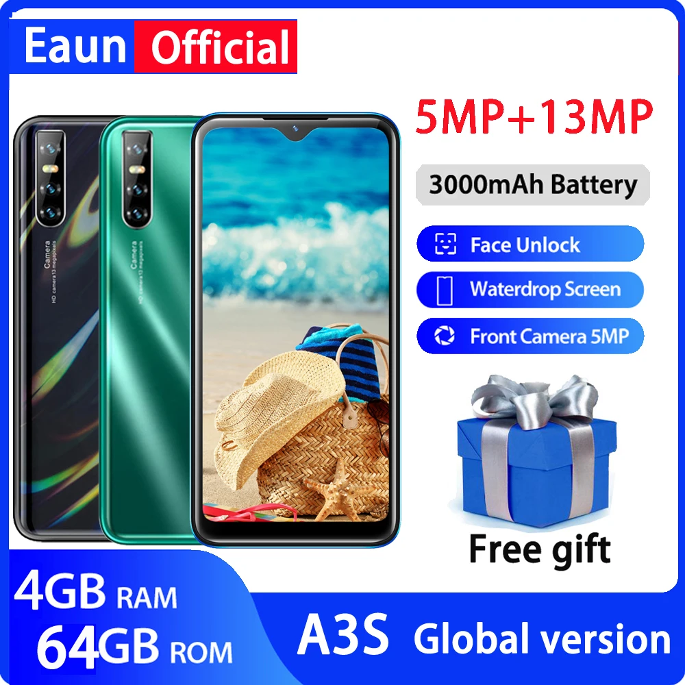 

New A3S 4G RAM 64G ROM MTK6580 Quad core 13MP Android mobile phones face ID 6.26" water drop screen Global version smartphones