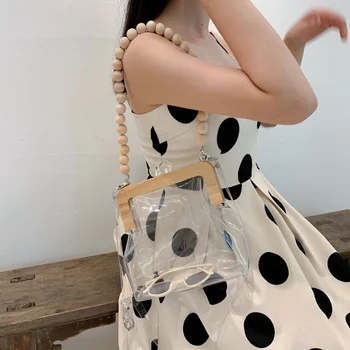 

New Summer Wooden Chain Buckle Shoulder Bag Retro Transparent Handbag Clear PVC Purses