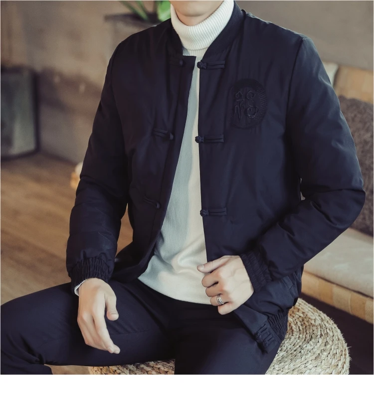 Men's Stand Collar Cotton Coat Autumn& Winter Men New Style Chinese-style Solid Color Embroidered Hand Cotton-padded Cloth