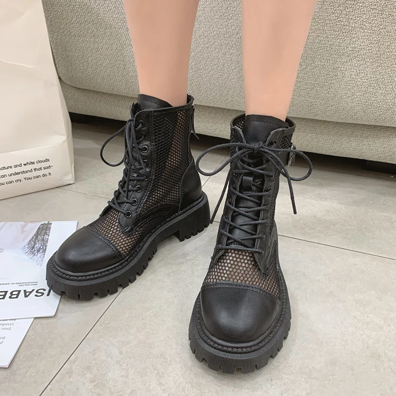 Rimocy de malla transpirable de verano botines de mujer de moda negro Beige Zip cordón Casual zapatos de mujer zapatos de plataforma plana botas frescas