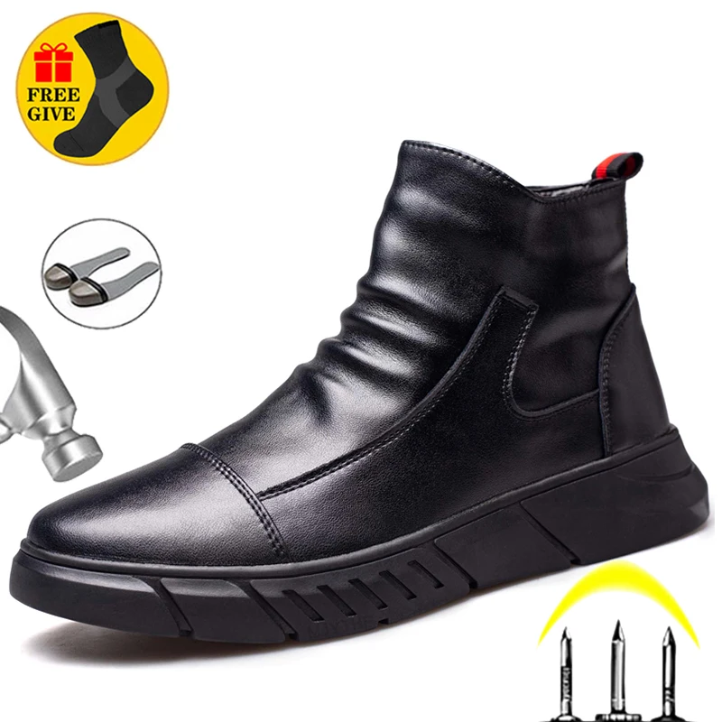 Genuine Leather Mens Boots Safety Shoes Men Chelsea Boots Steel Toe Shoes Work Sneakers Indestructible Shoes Security Boots